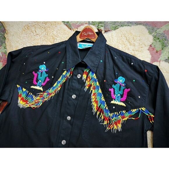 Vtg 90s Black Western Shirt Colorful Embroidery Festival Cowboy Beaded Fringe SM - Picture 2 of 7